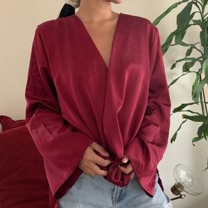 LF deep red satin open v front blouse